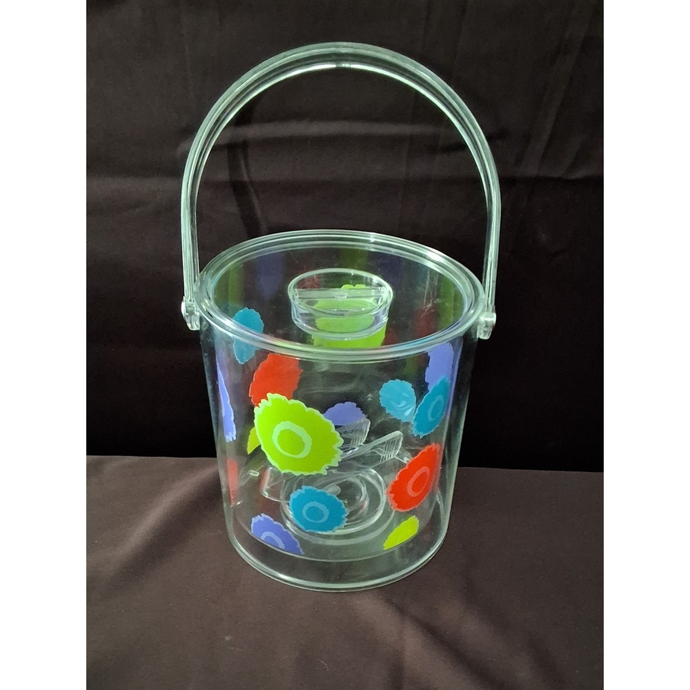 Vintage Acrylic Ice Bucket "Flower Power" Includes‎ Tongs. 1970's-80's